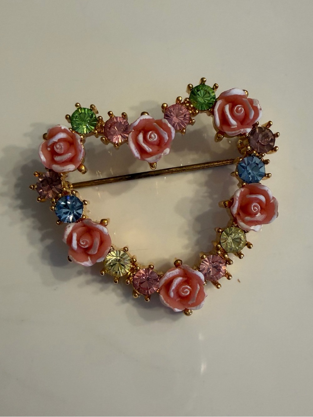 Vintage Avon Floral Heart Brooch with Pink Roses and Multicolor Crystals